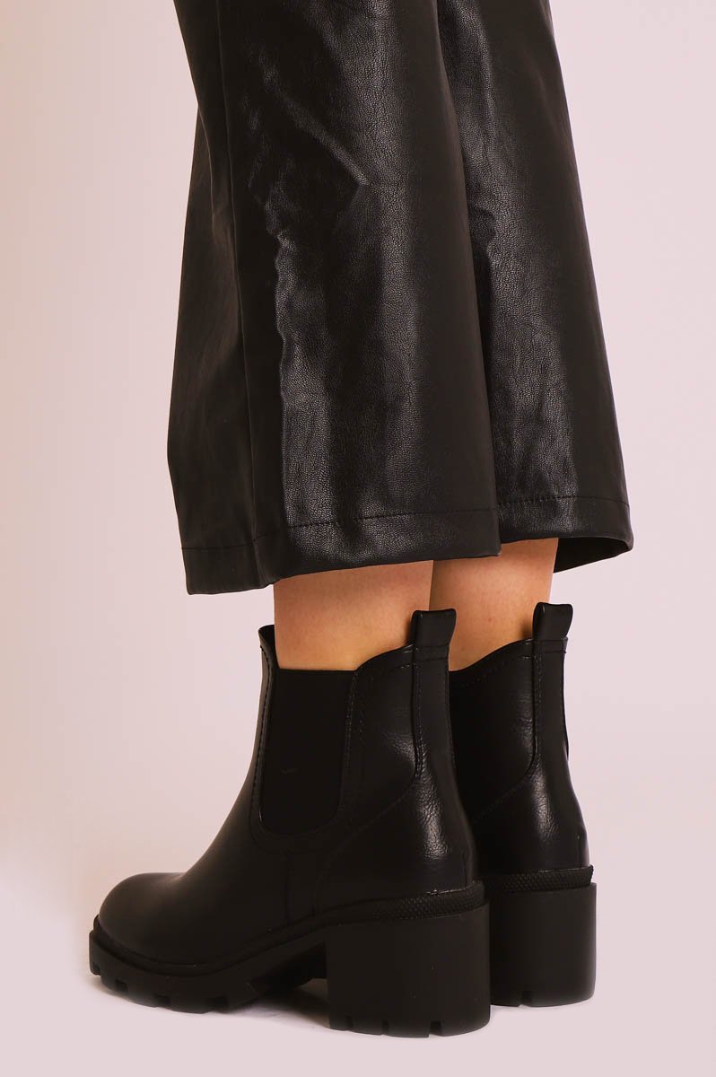Black Faux Leather Chunky Heeled Chelsea Boots - May-Boots