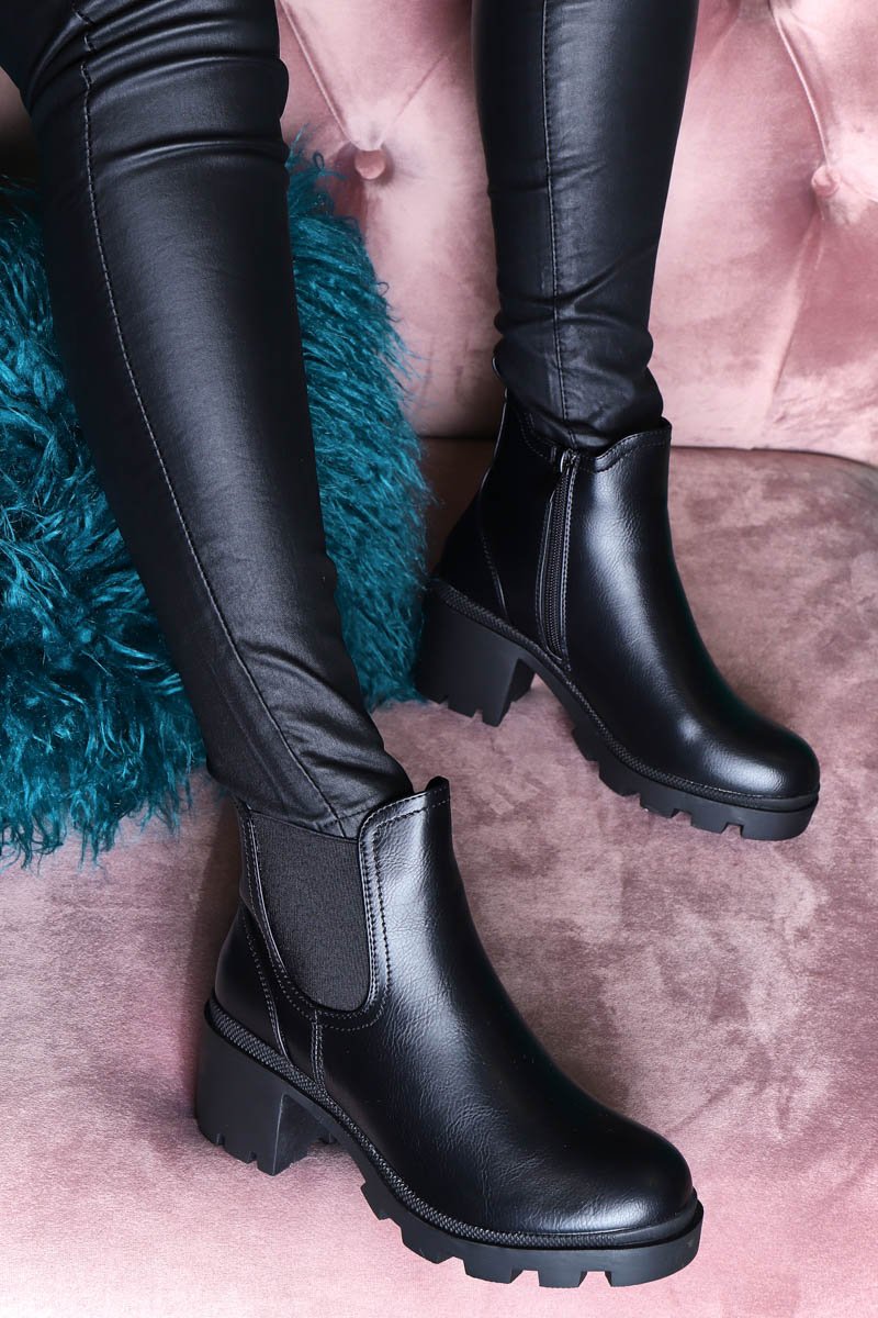 Black Faux Leather Chunky Heeled Chelsea Boots - May-Boots