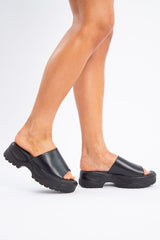 Black Faux Leather Chunky Slider - Frankee-Shoes