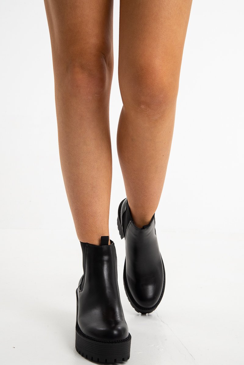 Black Faux Leather Chunky Sole Block Heel Boots - Sofie-Boots