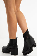 Black Faux Leather Chunky Sole Block Heel Boots - Sofie-Boots