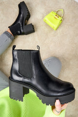 Black Faux Leather Chunky Sole Block Heel Boots - Sofie-Boots
