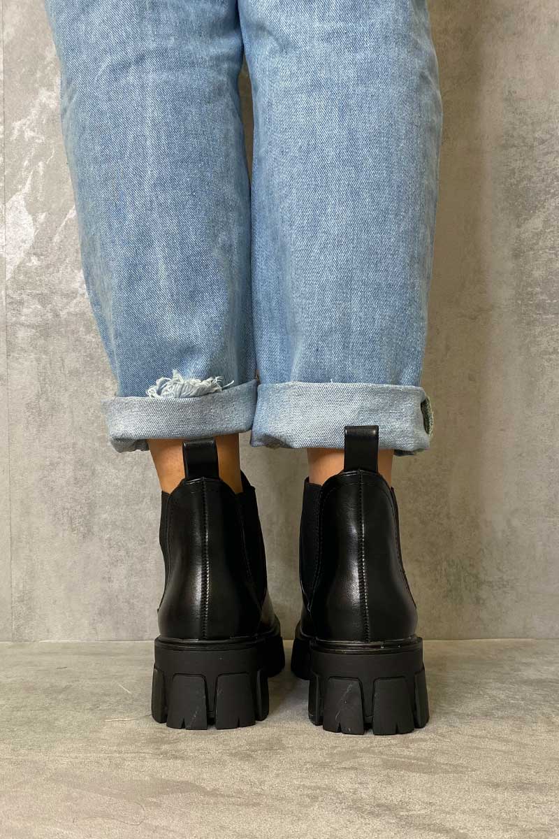 Black Faux Leather Chunky Sole Chelsea Boot - Zamirah-Boots