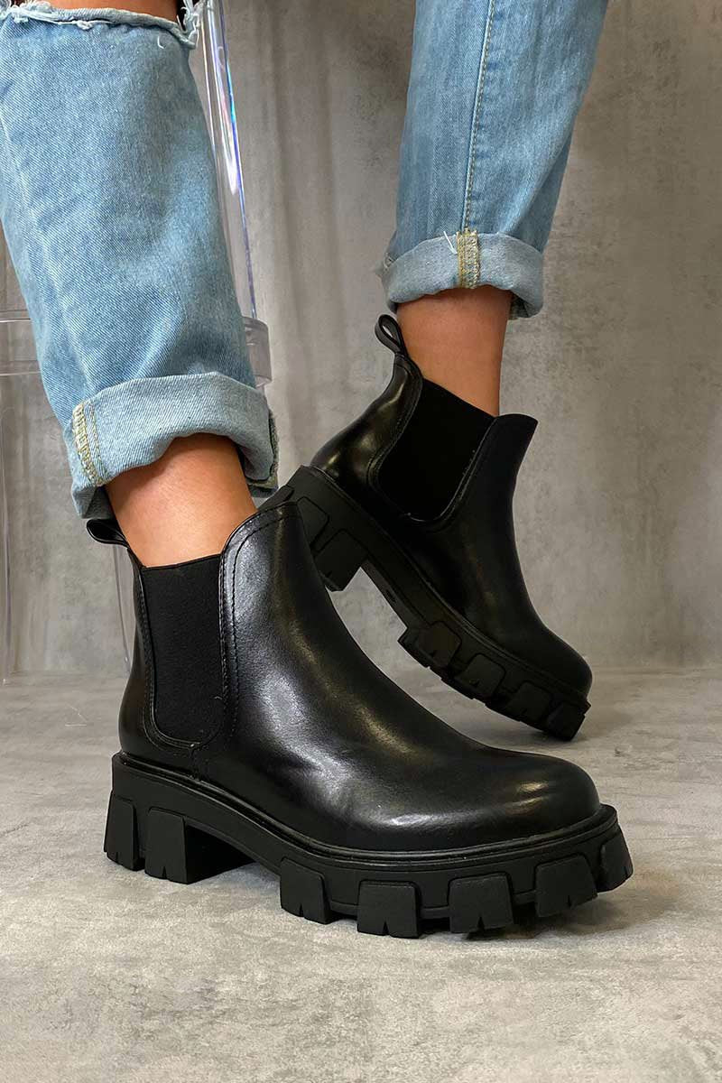 Black Faux Leather Chunky Sole Chelsea Boot - Zamirah-Boots