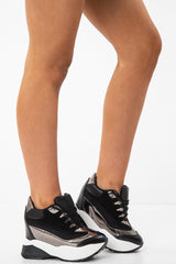 Black Faux Leather Chunky Wedge Trainers - Jody-Trainers