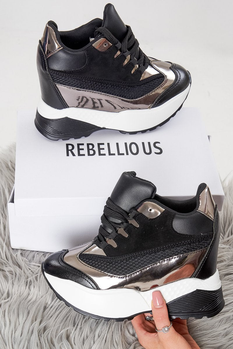 Black Faux Leather Chunky Wedge Trainers - Jody-Trainers