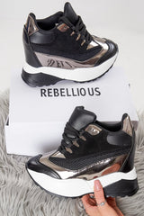 Black Faux Leather Chunky Wedge Trainers - Jody-Trainers