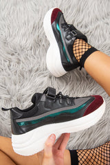 Black Faux Leather Colour Block Lace Up Trainers - Eugenia-Trainers
