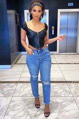 Black Faux Leather Corset Style Crop Top - Julisa-Crop Tops
