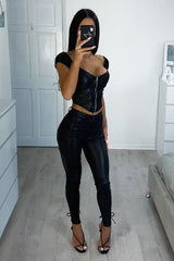 Black Faux Leather Corset Style Crop Top - Julisa-Crop Tops