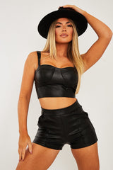 Black Faux Leather Corset Top Shorts Co-ord - Becka-Co-ords