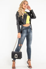 Black Faux Leather Crop Zip Front Jacket - Deniya-Jackets