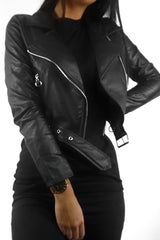 Black Faux Leather Crop Zip Front Jacket - Deniya-Jackets
