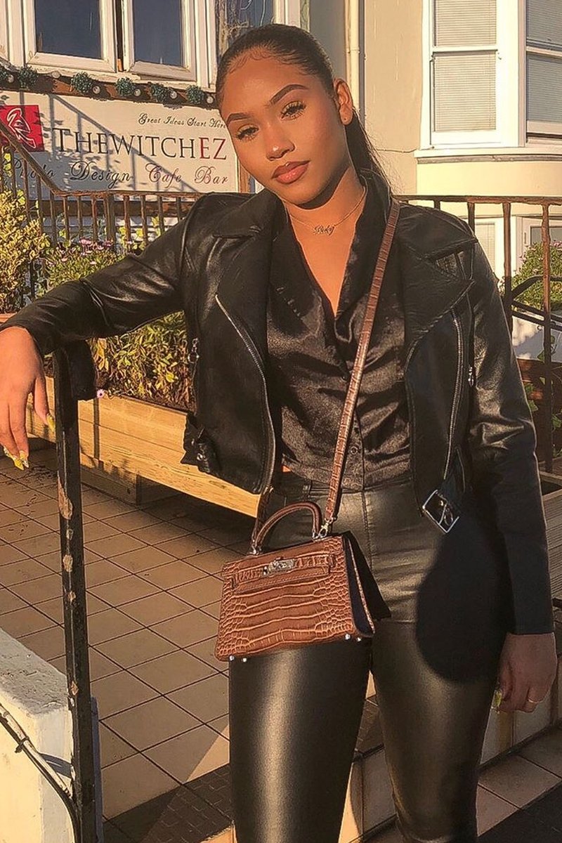 Black Faux Leather Crop Zip Front Jacket - Deniya-Jackets