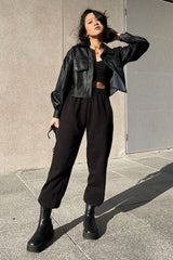 Black Faux Leather Cropped Shacket - Ivyana-Shacket