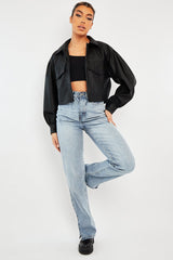 Black Faux Leather Cropped Shacket - Ivyana-Shacket