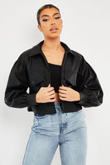 Black Faux Leather Cropped Shacket - Ivyana-Shacket