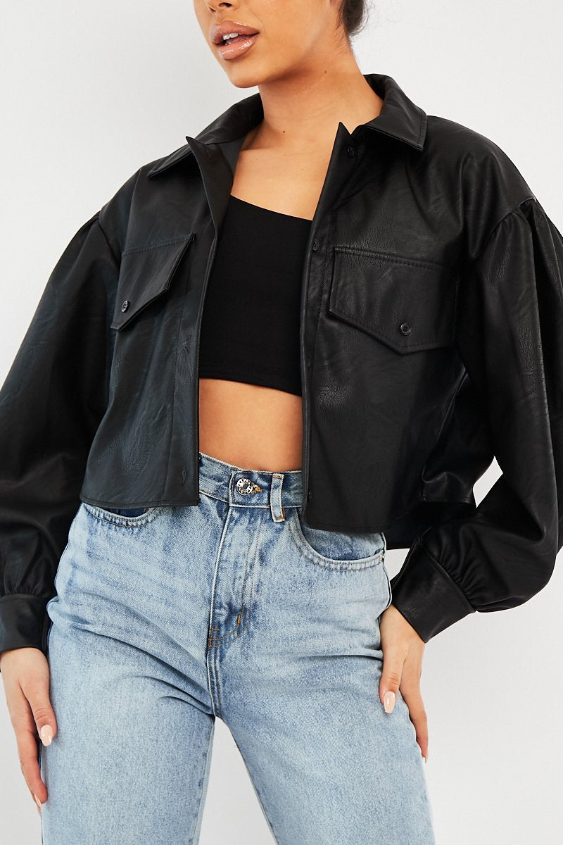 Black Faux Leather Cropped Shacket - Ivyana-Shacket