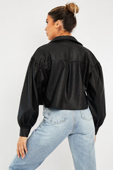 Black Faux Leather Cropped Shacket - Ivyana-Shacket