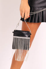 Black Faux Leather Diamante Tassel Bag - Laiya-Bags