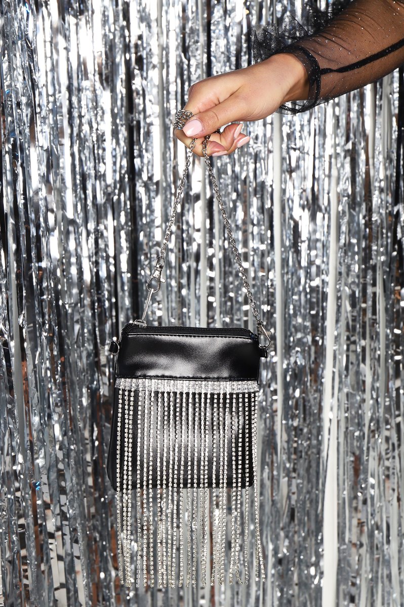 Black Faux Leather Diamante Tassel Bag - Laiya-Bags