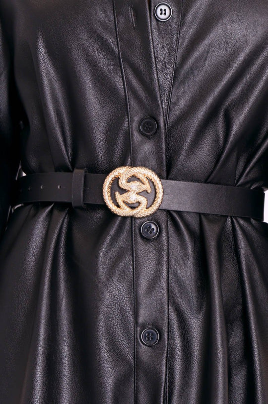 Black Faux Leather Double Snake Buckle Belt - Heaven