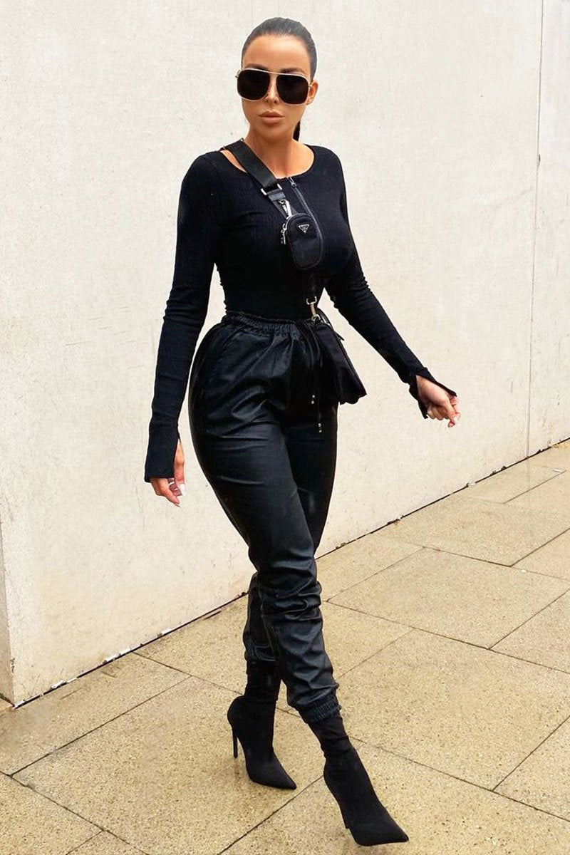 Black Faux Leather Drawstring Waist Joggers - Persia-Joggers