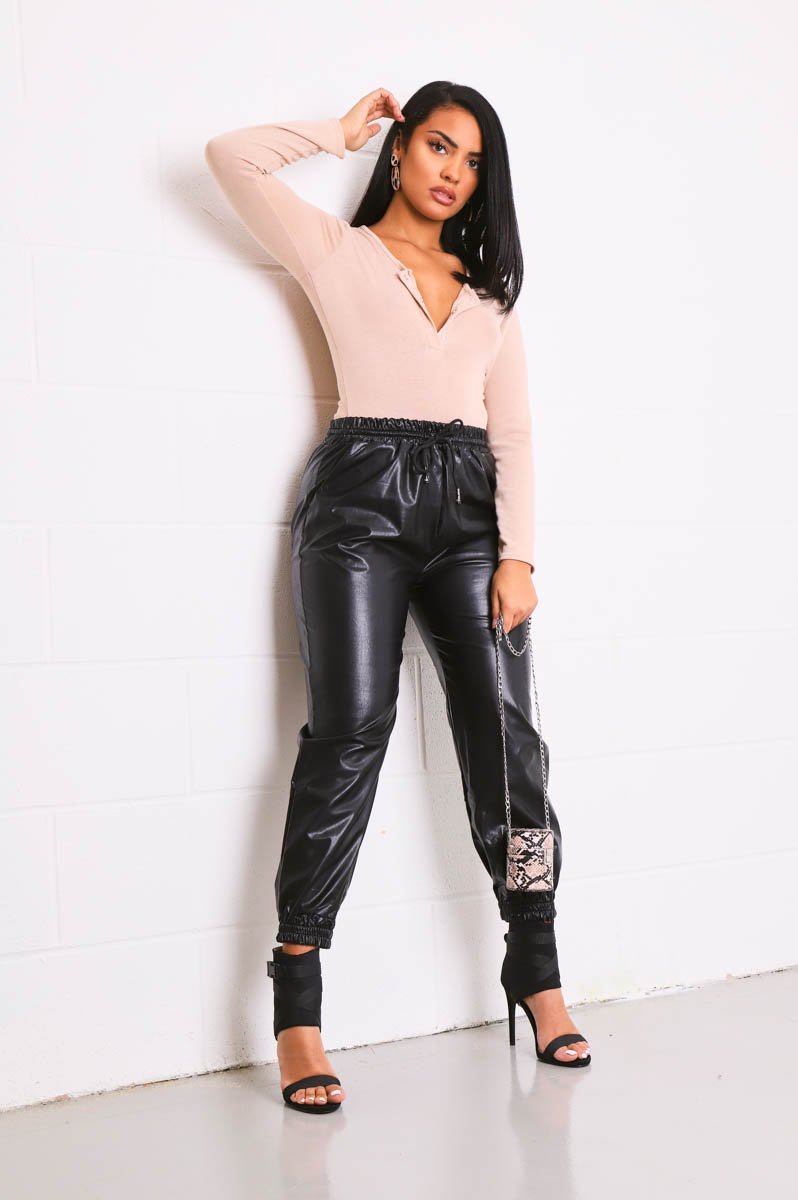 Black Faux Leather Drawstring Waist Joggers - Persia-Joggers