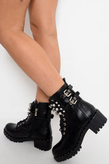 Black Faux Leather Embellished Ankle Boots - Emonii-Boots