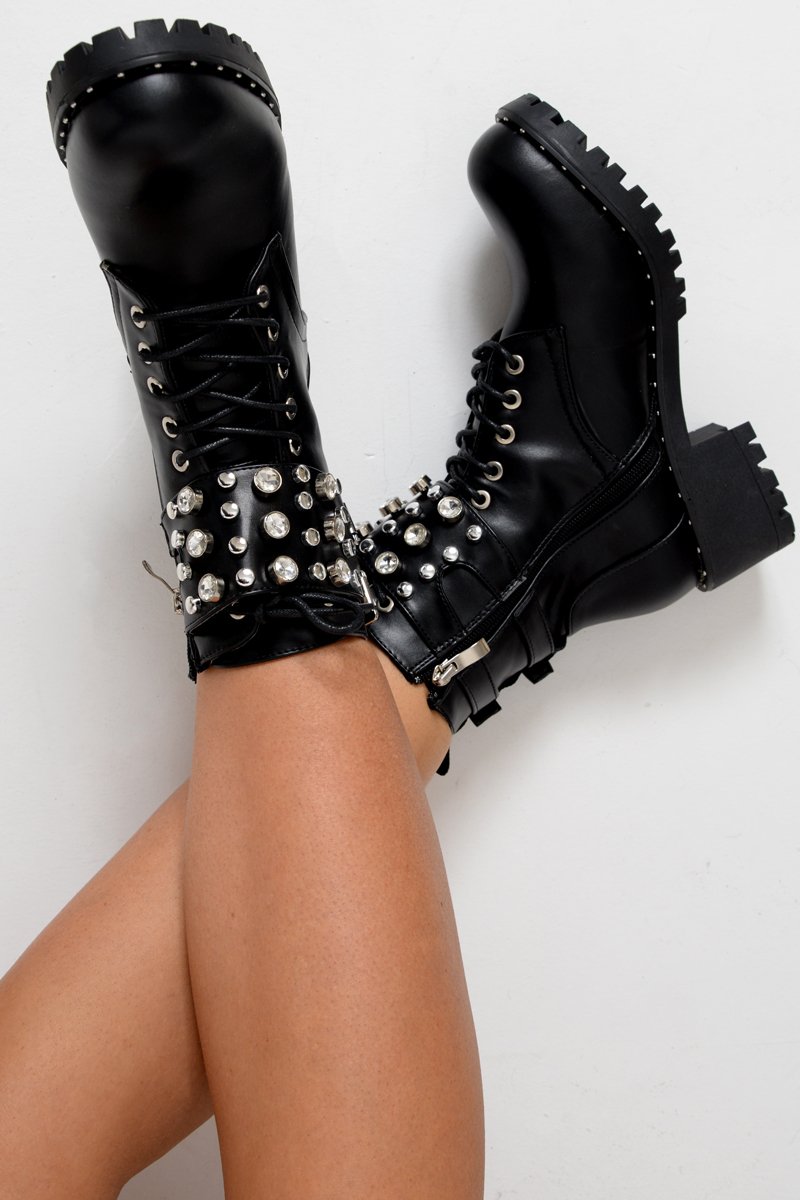 Black Faux Leather Embellished Ankle Boots - Emonii-Boots