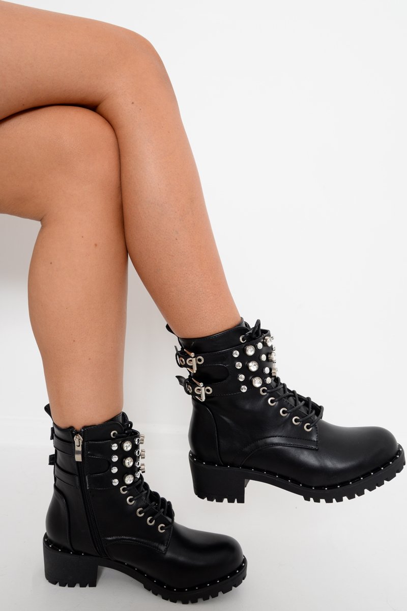 Black Faux Leather Embellished Ankle Boots - Emonii-Boots