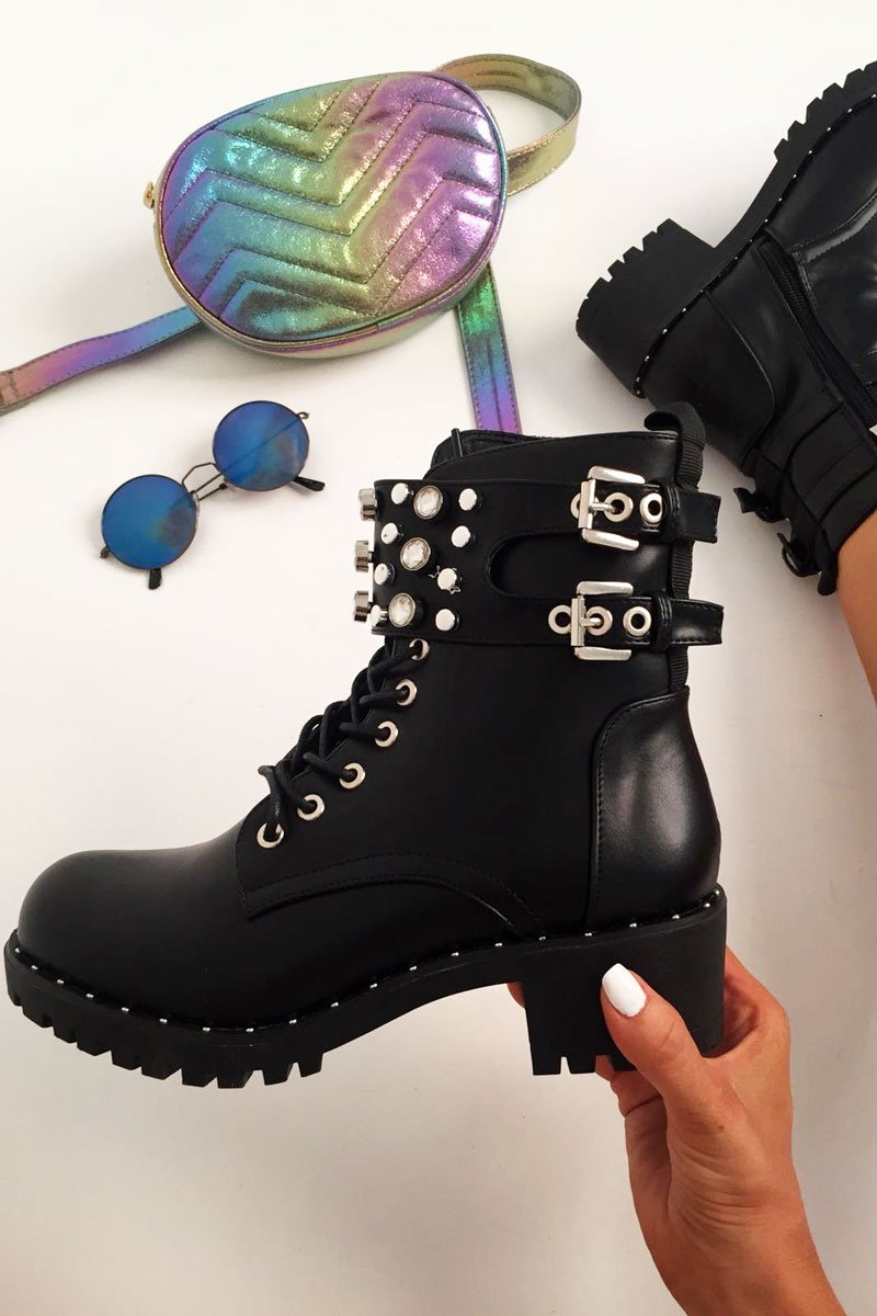 Black Faux Leather Embellished Ankle Boots - Emonii-Boots