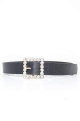 Black Faux Leather Embellished Buckle Belt - Oneita-Belts