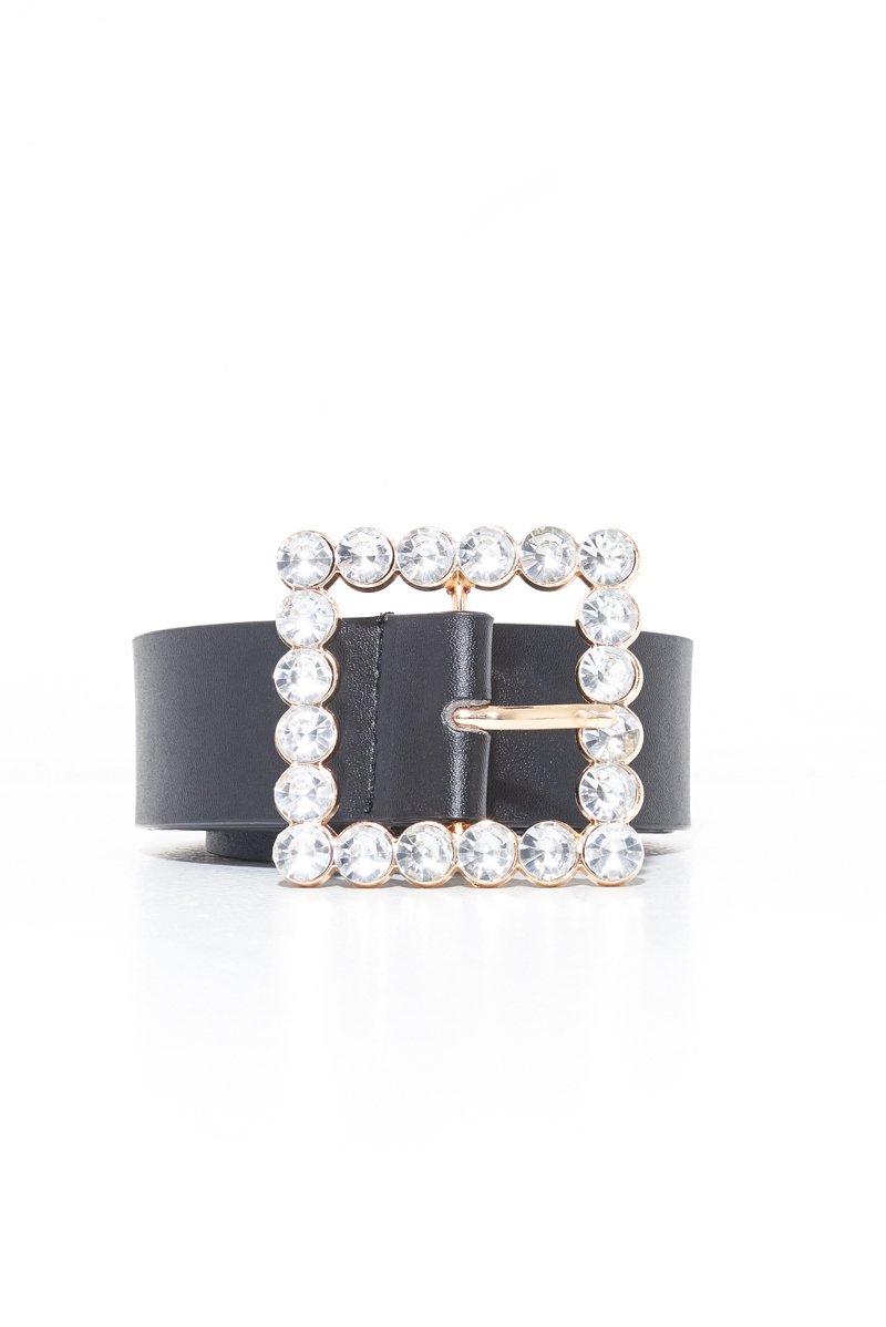Black Faux Leather Embellished Buckle Belt - Oneita-Belts