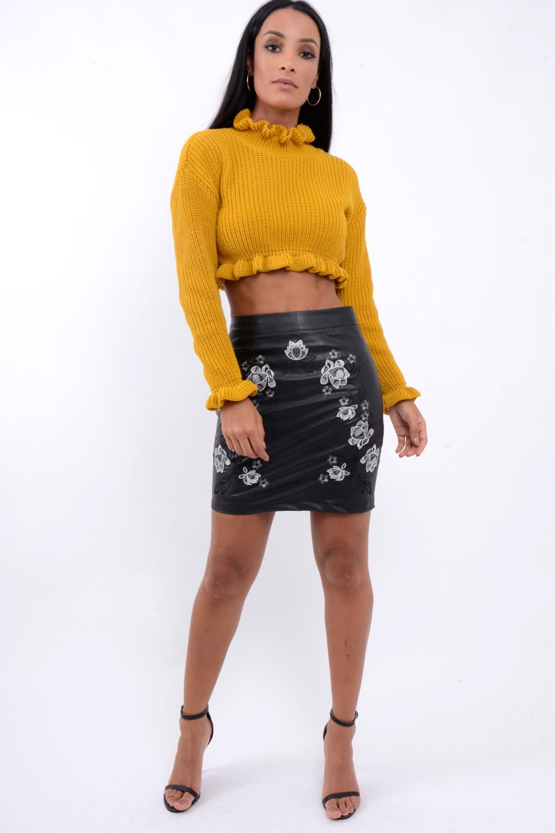 Black Faux Leather Embroidered Skirt - Ming-Skirts