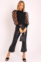 Black Faux Leather Flared Crop Trousers - Makai-Trousers