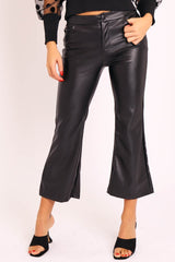 Black Faux Leather Flared Crop Trousers - Makai-Trousers