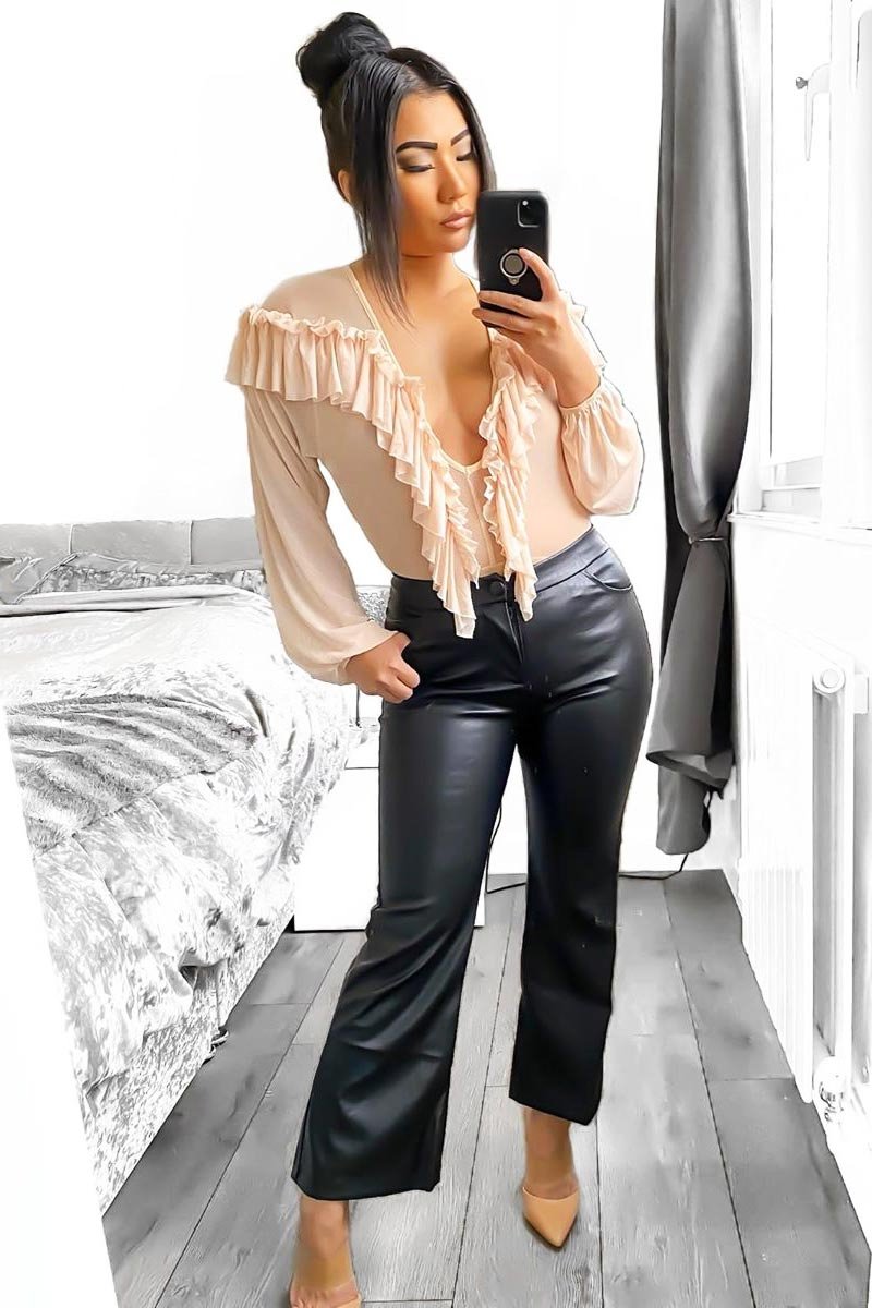Black Faux Leather Flared Crop Trousers - Makai-Trousers