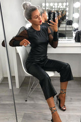 Black Faux Leather Flared Crop Trousers - Makai-Trousers