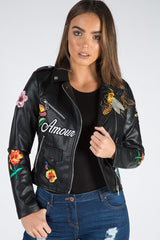 Black Faux Leather Floral Embroidered Biker Jacket - Amelie-Jackets