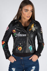 Black Faux Leather Floral Embroidered Biker Jacket - Amelie-Jackets