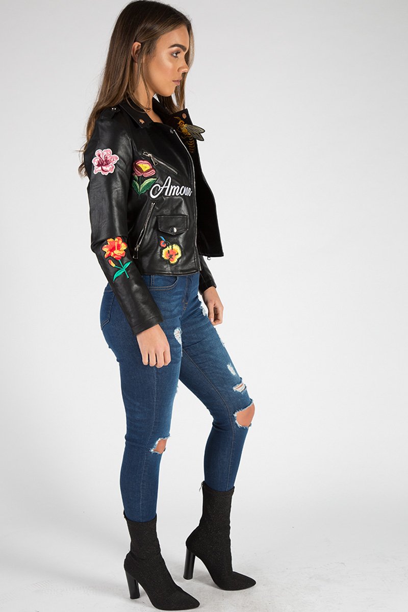Black Faux Leather Floral Embroidered Biker Jacket - Amelie-Jackets