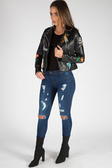 Black Faux Leather Floral Embroidered Biker Jacket - Amelie-Jackets