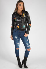 Black Faux Leather Floral Embroidered Biker Jacket - Amelie-Jackets