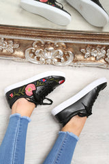 Black Faux Leather Floral Trainers - Kory-Trainers