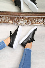 Black Faux Leather Floral Trainers - Kory-Trainers
