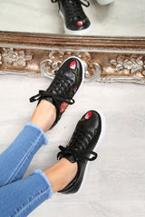 Black Faux Leather Floral Trainers - Kory-Trainers