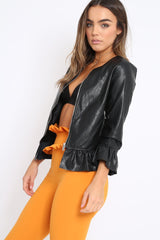 Black Faux Leather Frill Hem Jacket - Cherrie-Jackets