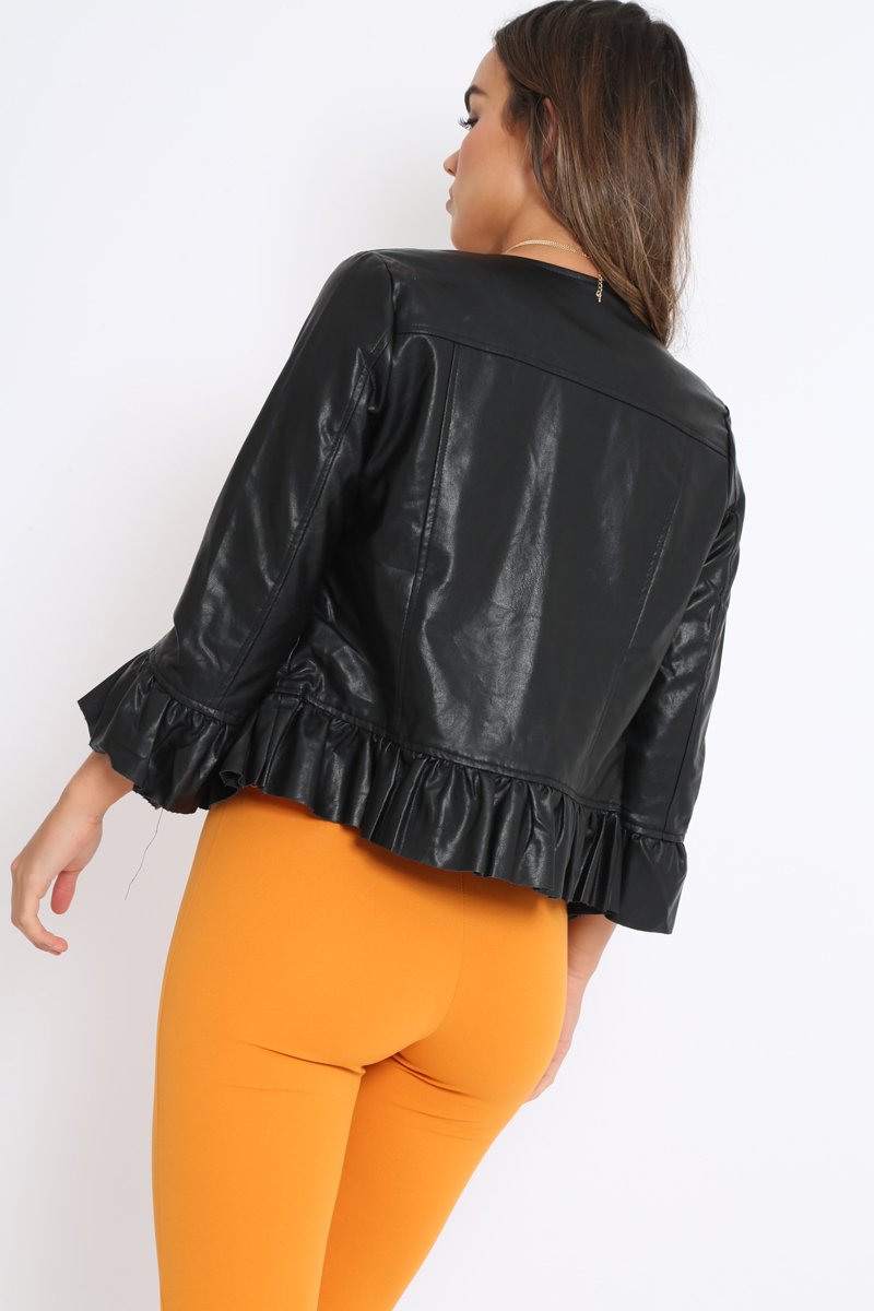 Black Faux Leather Frill Hem Jacket - Cherrie-Jackets