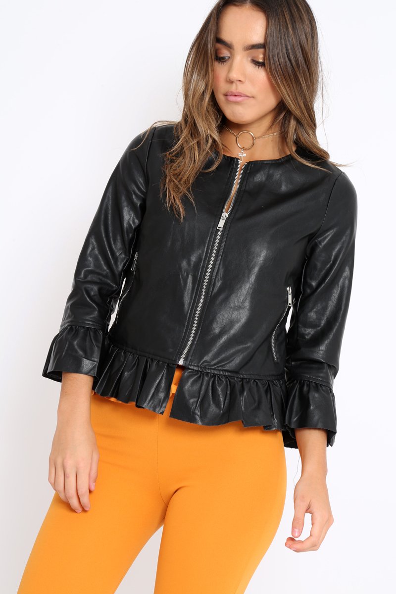 Black Faux Leather Frill Hem Jacket - Cherrie-Jackets